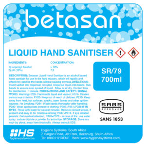 Hand Sanitiser - Liquid - Betasan - 70% Alcohol Based - 700ml - Pack of 6 - SR_79