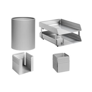 Desk Set - Fluted Steel Range - Metal - Letter Tray - Waste Bin - Pencil Cube and Cup - Silver - 513SI