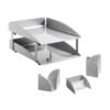 Desk Set - Modern Steel Range - Metal - Letter Tray - Business Card Holder - Pencil Cube and Cup - Silver - 411SI