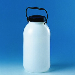 Storage bottle 5 l, PE-HD, wide neck with screw cap and carrying handle, w/o stopcock, Ø 165mm, H 320mm, inner neck Ø 85mm
