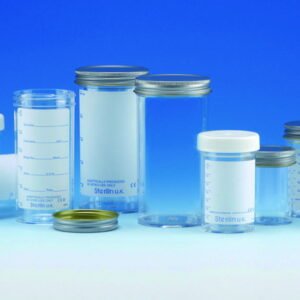 Sample containers 100 ml, PS with metal cap, label plain, sterile AS, pack of 200