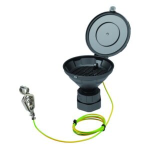 SCAT Funnel with lid "MARCO", V2.0, S65, V2.0, S55, PE-HD electrostatic conductive, Ø 140 mm, with removable sieve and earthing cable