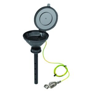 SCAT Funnel with lid "MARCO", V2.0, S55, 140 mm, PE-HD electrostatic conductive, with lance 220 mm, with removable sieve and earthing cable