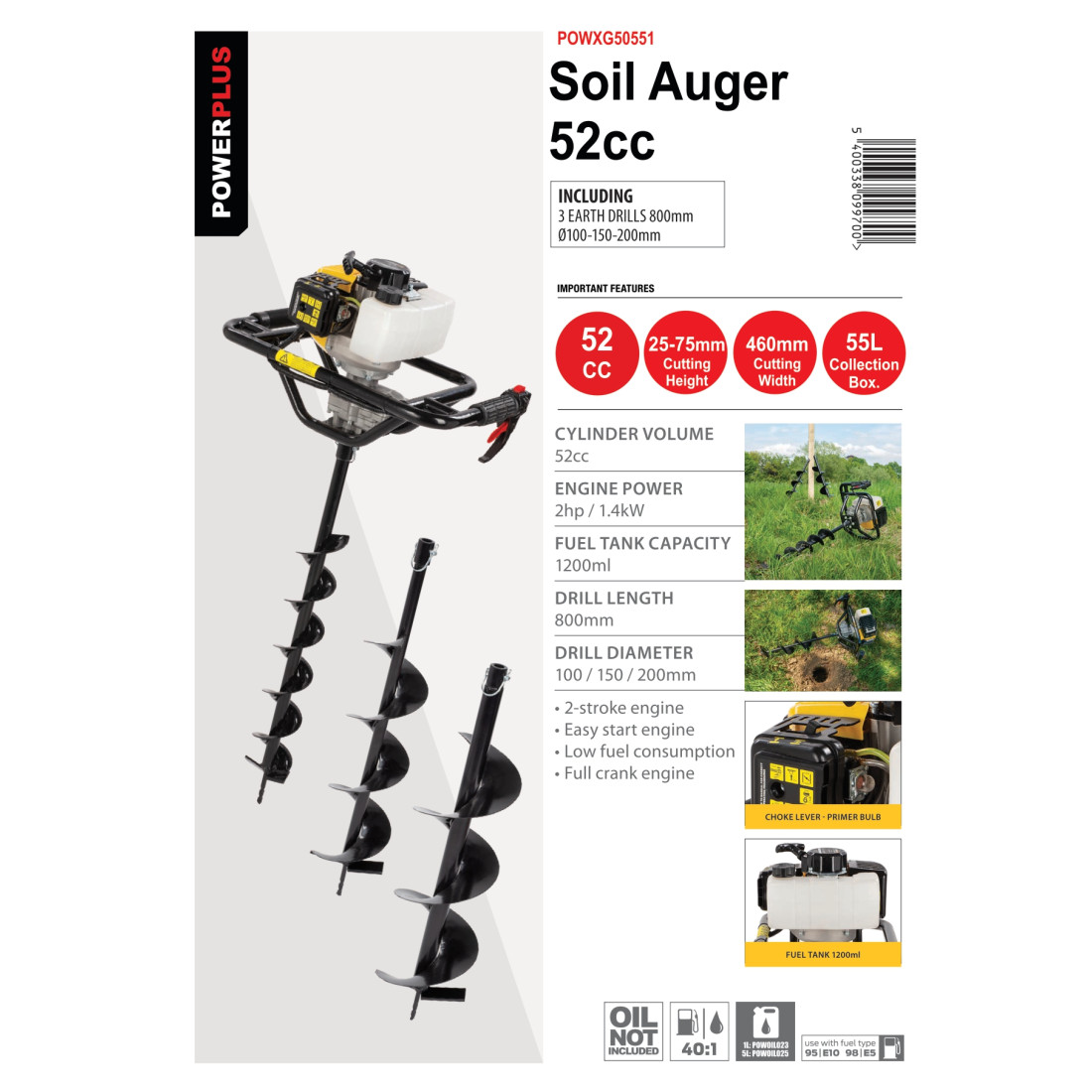 Power Plus Soil Auger 52Cc 1.4Kw (3 Attachments Included) - Image 2